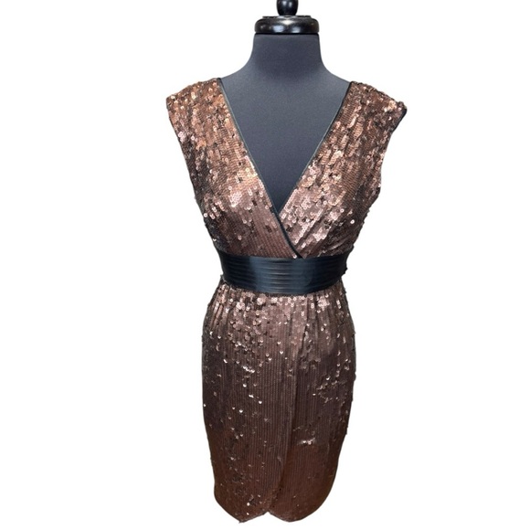 NWOT BCBGMaxAzria Reeve Metallic Bronze Sequin Faux Wrap Dress Size XS - Picture 1 of 9